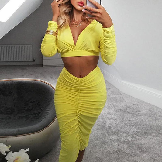 Completo Giallo a Due Pezzi – Abito Drappeggiato con Maniche Lunghe