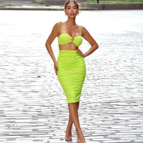 Glamaker – Abito Elegante Donna Due Pezzi Giallo con Drappeggio e Rete Trasparente