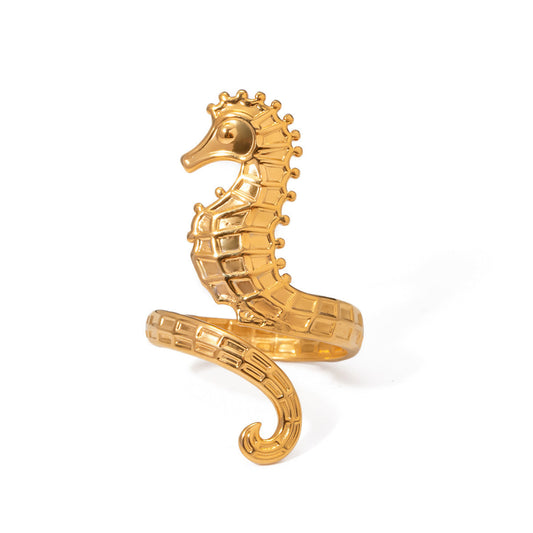 Anello Aperto "Ocean" con Cavalluccio Marino – Acciaio Inox Placcato Oro 18K