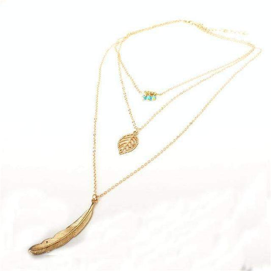 Collana a 3 Strati con Pietra Turchese e Foglia – Placcata Oro